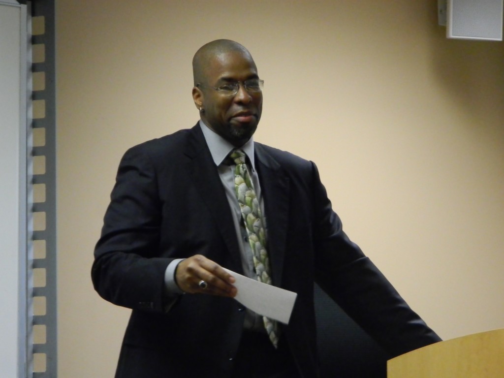 Jeffrey Sterling speaks to a class last year at Millikin. Sterlings life is still in limbo as he waits for the Department of Justice to decide whether to continue prosecution of his case.