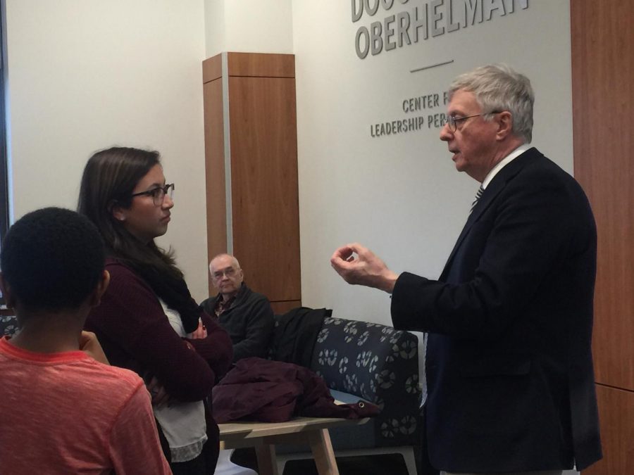Rubi Rodriguez (Left) speaks with President Patrick White (Right) after the Student Senate Forum on March
27, 2019.