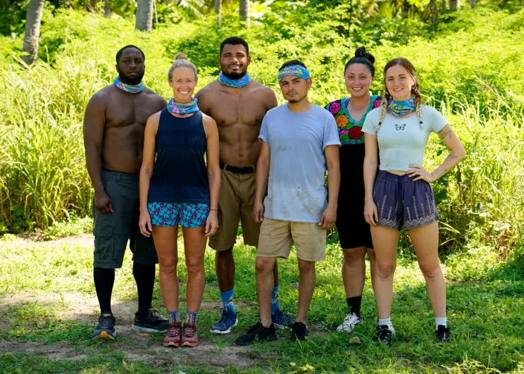 The Coco Tribe of Survivor 43. L-R: James Jones, Lindsey Carmine, Ryan Medrano, Geo Bustamante, Karla Cruz Godoy, Cassidy Clark.
