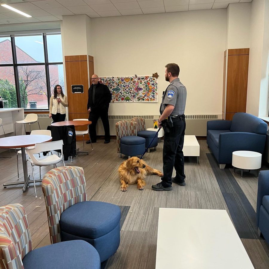 K9 Farley hangs out in Common Grounds. Photo courtesy of Millikin Public Safety. 